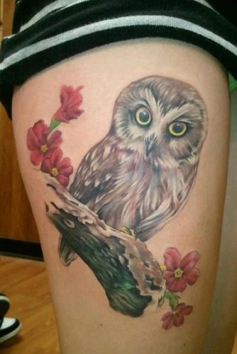Owl Sitting On Branch Tattoo Design