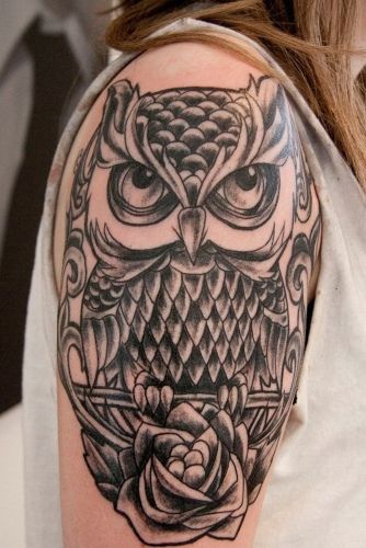 Owl Sitting Over Flower Tattoo Idea