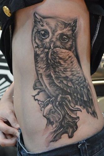 Large Black And White Owl Tattoo For Side