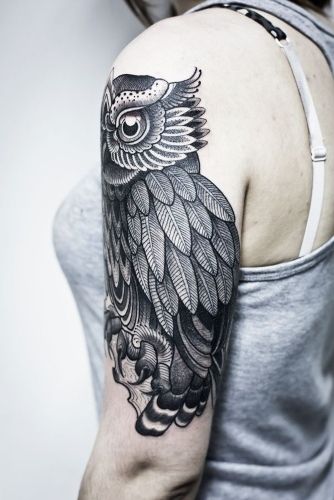 Aztec Feathers Owl Tattoo On Arm