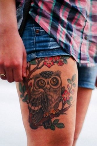 Cute Owl Tattoo Idea With Cherry Blossom