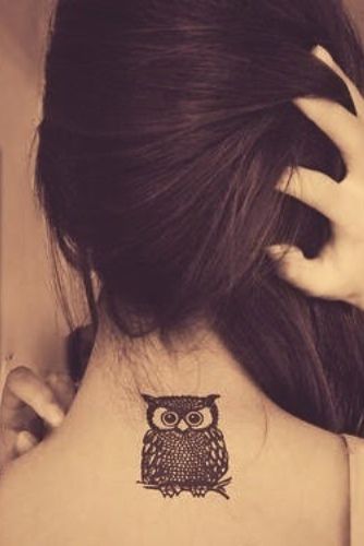 Cute And Small Owl Neck Tattoo
