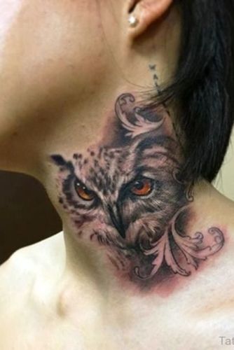 Bright Eyes Owl Neck Tattoo Design