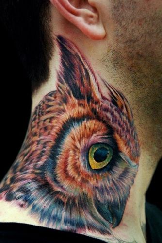 Brown Feathers Green Eyes Owl Tattoo