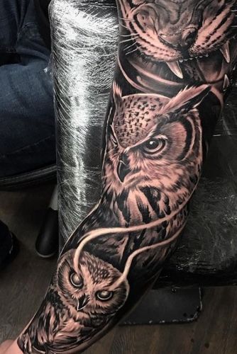 Full Sleeve Owl Tattoo Design For Arm