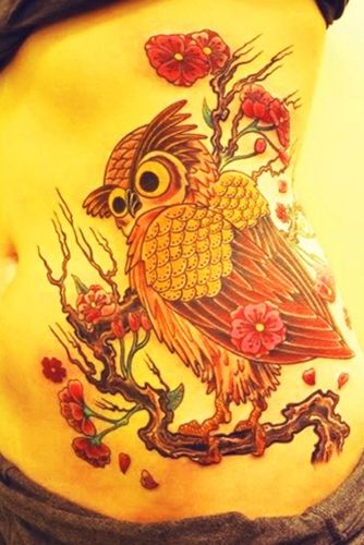 Beautiful Owl With Flowers Stomach Tattoo