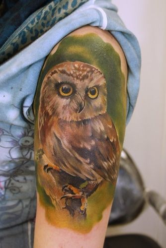 Natural Color Owl Image Tattoo On Upper Arm