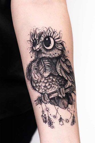 Mystical Cartoon Owl Tattoo With Wide-Eyes