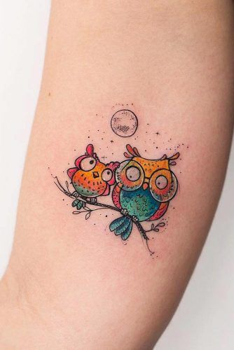 Colorful Two Cartoon Owls Tattoo