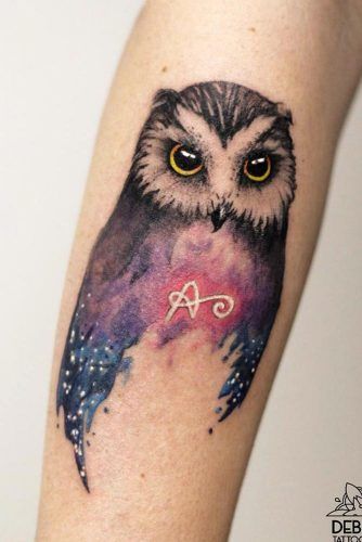 Galaxy Owl Tattoo Design With Initials