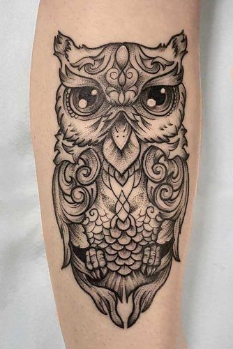 Ornamental Black And White Owl Tattoo