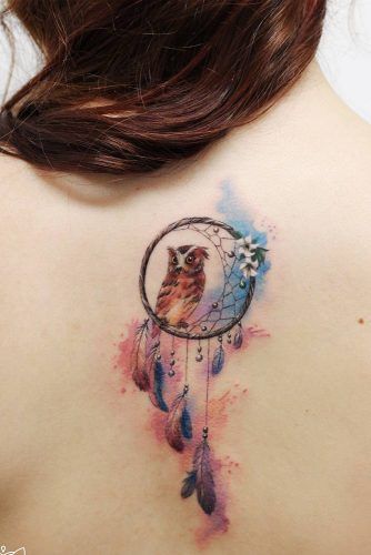 Charming Dream Catcher Owl Tattoo Design For Back