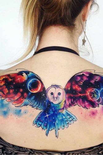 Galaxy Planets Large Owl Back Tattoo Idea