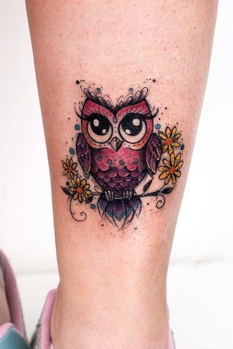 Cartoon Owl Tattoo On Leg With Flowers