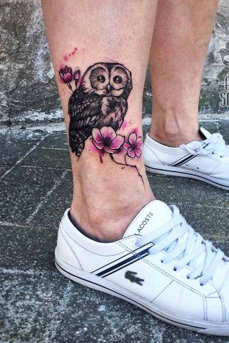 Owl With Cherry Blossom Shin Tattoo Idea