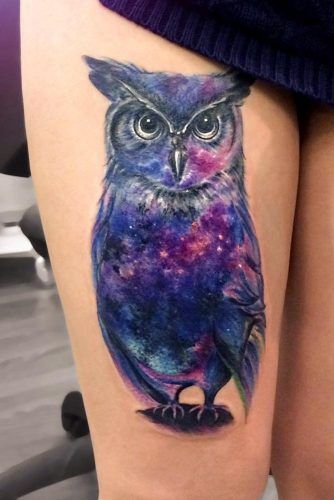Galaxy Owl Leg Tattoo Design