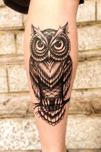 Black And White Owl Tattoo On Leg