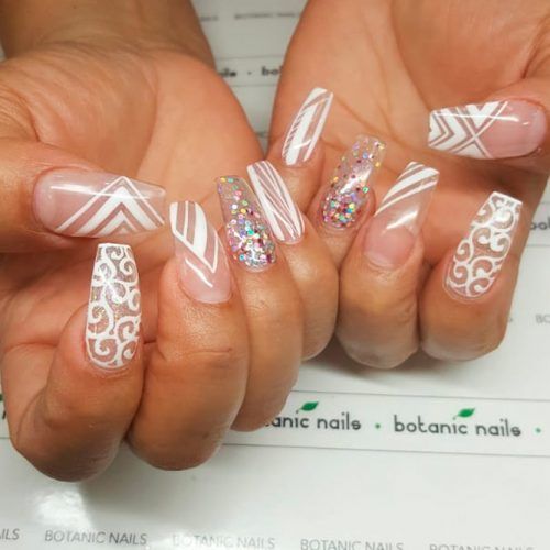 Clear Coffin Nails With White Geometric Pattern