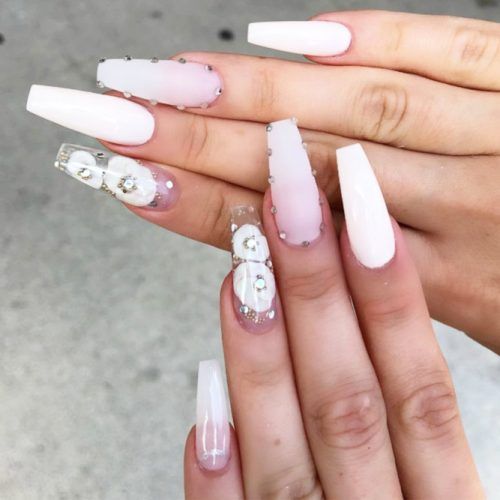 Long White Coffin Nails With Flowers