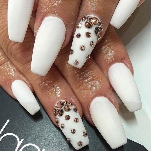 Gold Festive White Coffin Nails Designs