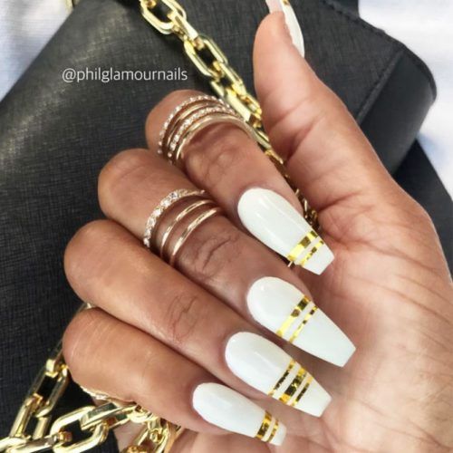 Gold Stripe White Coffin Nails