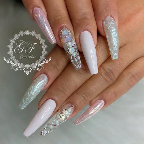 Pink Pearl and Rhinestone Nails Design