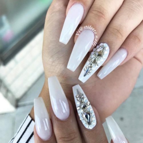 Crystal White Coffin Nails Long Design