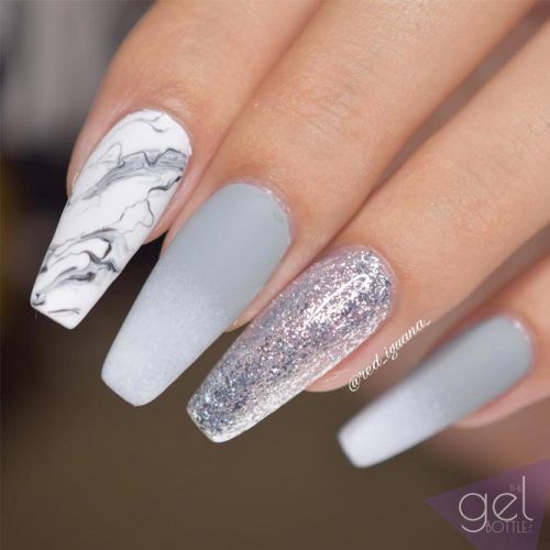 Marble Ombre Grey Glitter Coffin Nails