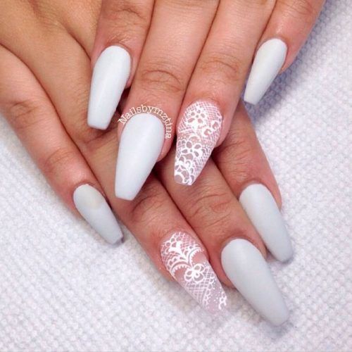 Matte White Lace Coffin Nails