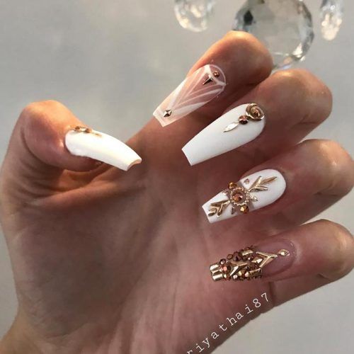 Stunning Nude Gold Rhinestone Coffin Nails Art