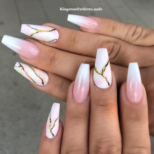 White And Pink Coffin Nails With Marble Designs