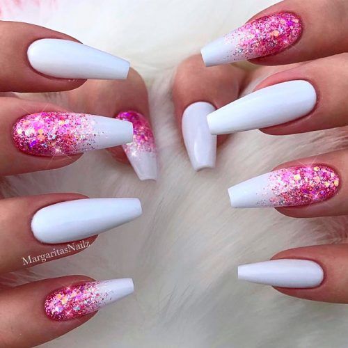 Pink Glitter White Coffin Nails
