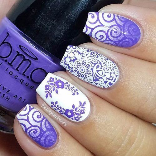 Purple Stamp Flower Design Nails