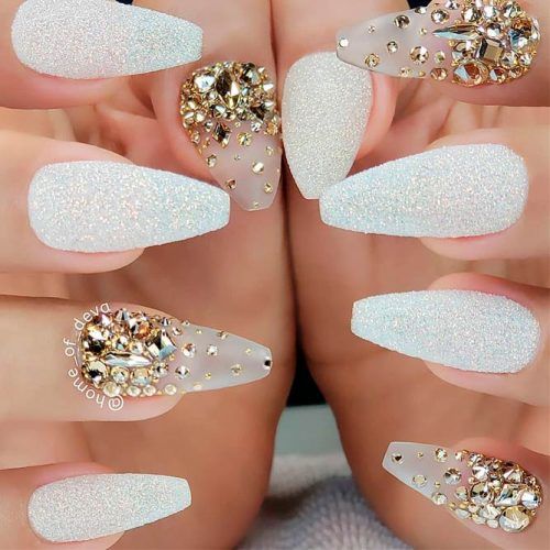 Sand And Gold Rhinestones White Coffin Nails