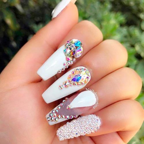 White With Rhinestones Design Coffin Nails