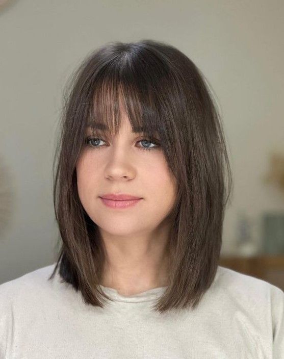 Brunette long bob with wispy bangs, a cool idea, and such bangs will accentuate the eyes