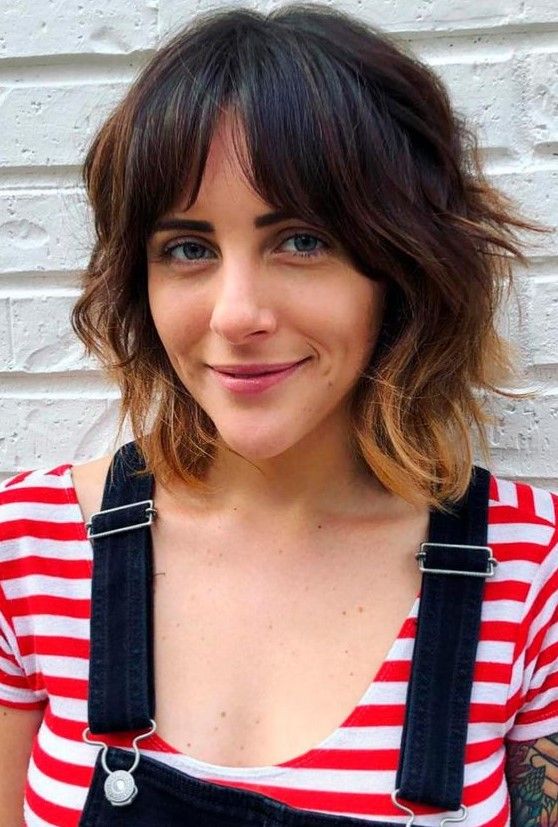 Catchy dark brunette long bob with bottleneck bangs, caramel ombre, plus shaggy waves, a cool idea