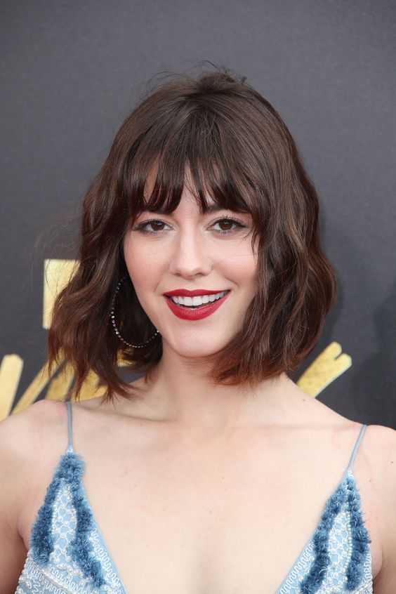 Classy dark brunette long bob with wispy bangs and waves, a lovely idea, and an ombre touch makes it wow