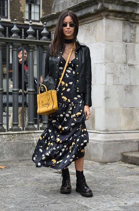 Sheer turtleneck, black floral midi dress, black combat boots, a leather blazer, and a yellow bag for a cool fall outfit