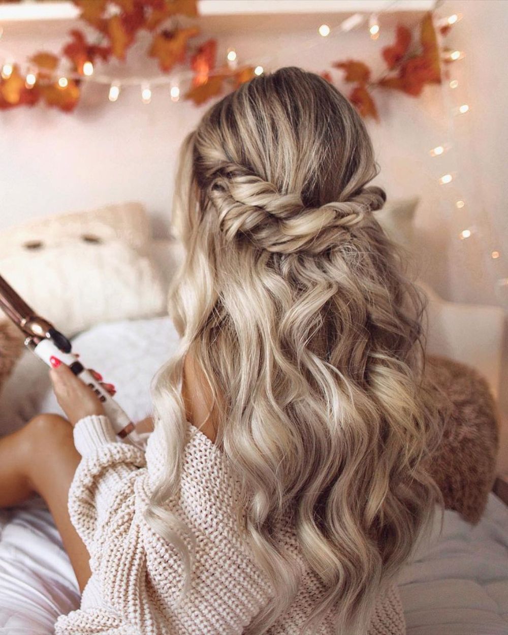 Thanksgiving hairstyles blonde twisted half-updo hair