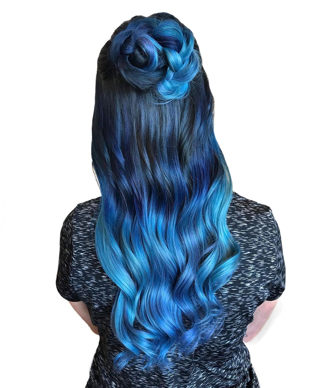 Black to Blue Ombre Hair with Braided Top Knot