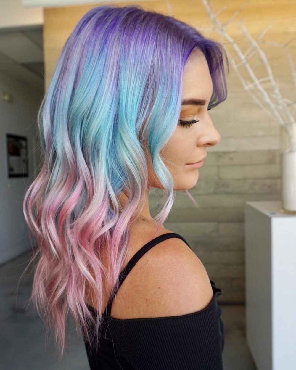 Purple-Blue-Pink Ombre Hair with Soft Waves