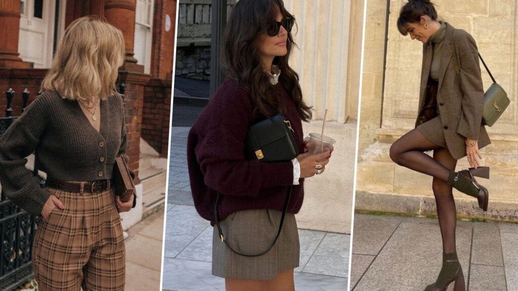 Three women showcasing classic autumn styles to answer the question, "Is Dark Academia Fashion Expensive?" featuring layered vintage tweed blazers, plaid trousers, and high-quality leather accessories.