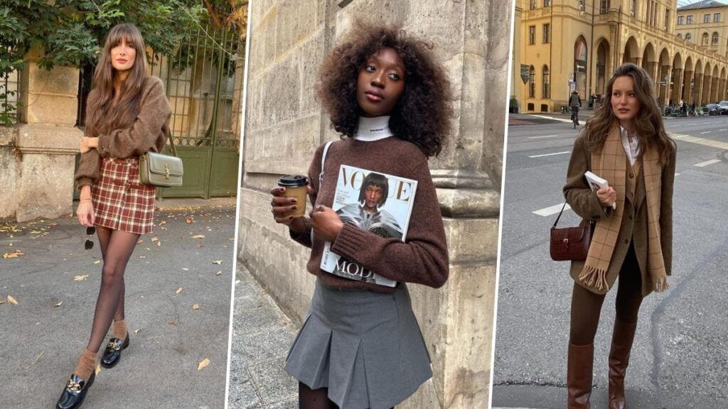 A three-panel collage showcasing Dark Academia autumn outfits: the left features a plaid mini skirt with a brown knit sweater and loafers; the middle shows a grey pleated skirt paired with a brown sweater over a white turtleneck; the right shows a brown wool blazer, tailored trousers, knee-high leather boots, and a checkered scarf.