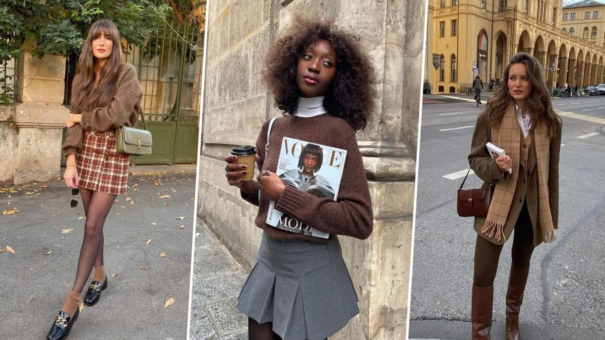A three-panel collage showcasing Dark Academia autumn outfits: the left features a plaid mini skirt with a brown knit sweater and loafers; the middle shows a grey pleated skirt paired with a brown sweater over a white turtleneck; the right shows a brown wool blazer, tailored trousers, knee-high leather boots, and a checkered scarf.