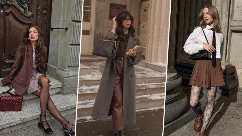 Three women showcasing Dark Academia fashion outfits featuring oversized wool blazers, a grey trench coat, pleated brown skirts, knitwear, and leather bags against historic stone architecture.