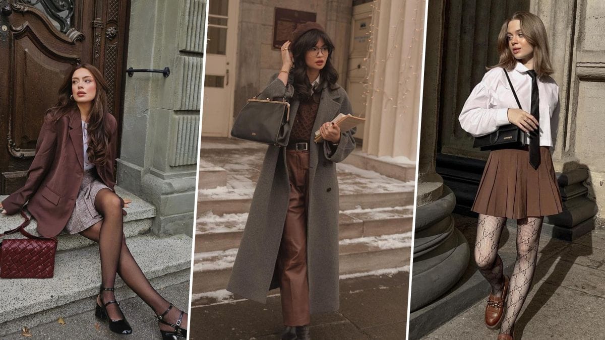Three women showcasing Dark Academia fashion outfits featuring oversized wool blazers, a grey trench coat, pleated brown skirts, knitwear, and leather bags against historic stone architecture.