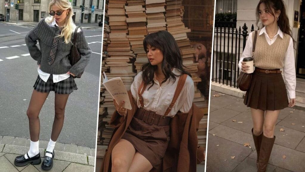 Three women showcasing dark academia fashion on Pinterest outfits, featuring pleated plaid mini skirts, oversized grey sweaters, cable-knit sweater vests, button-down shirts, and Mary Jane shoes.